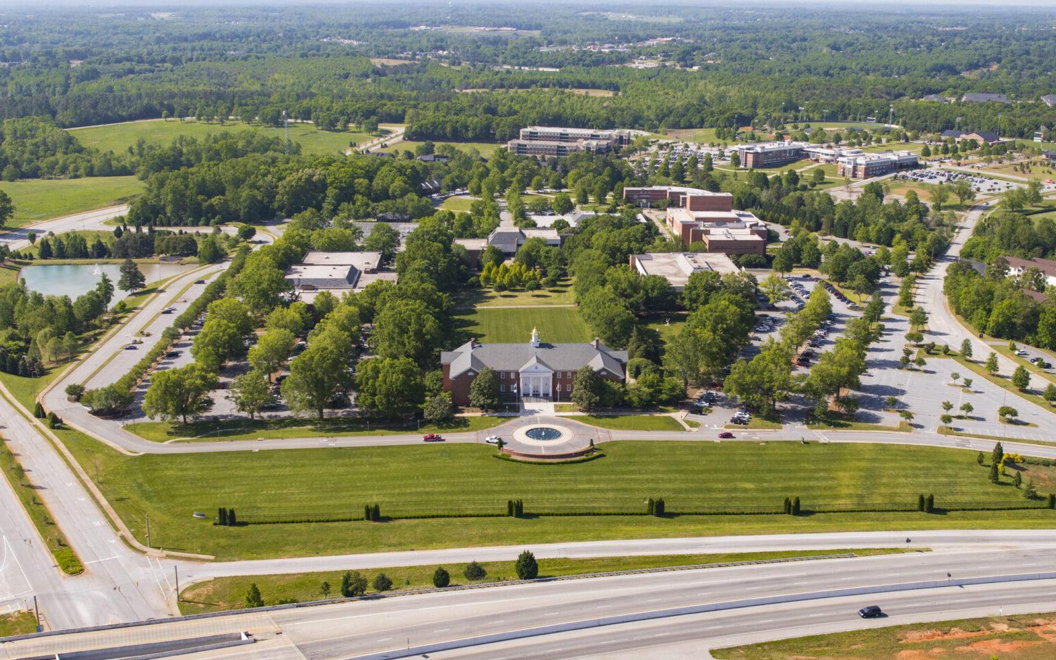 An aerial shot of campus.